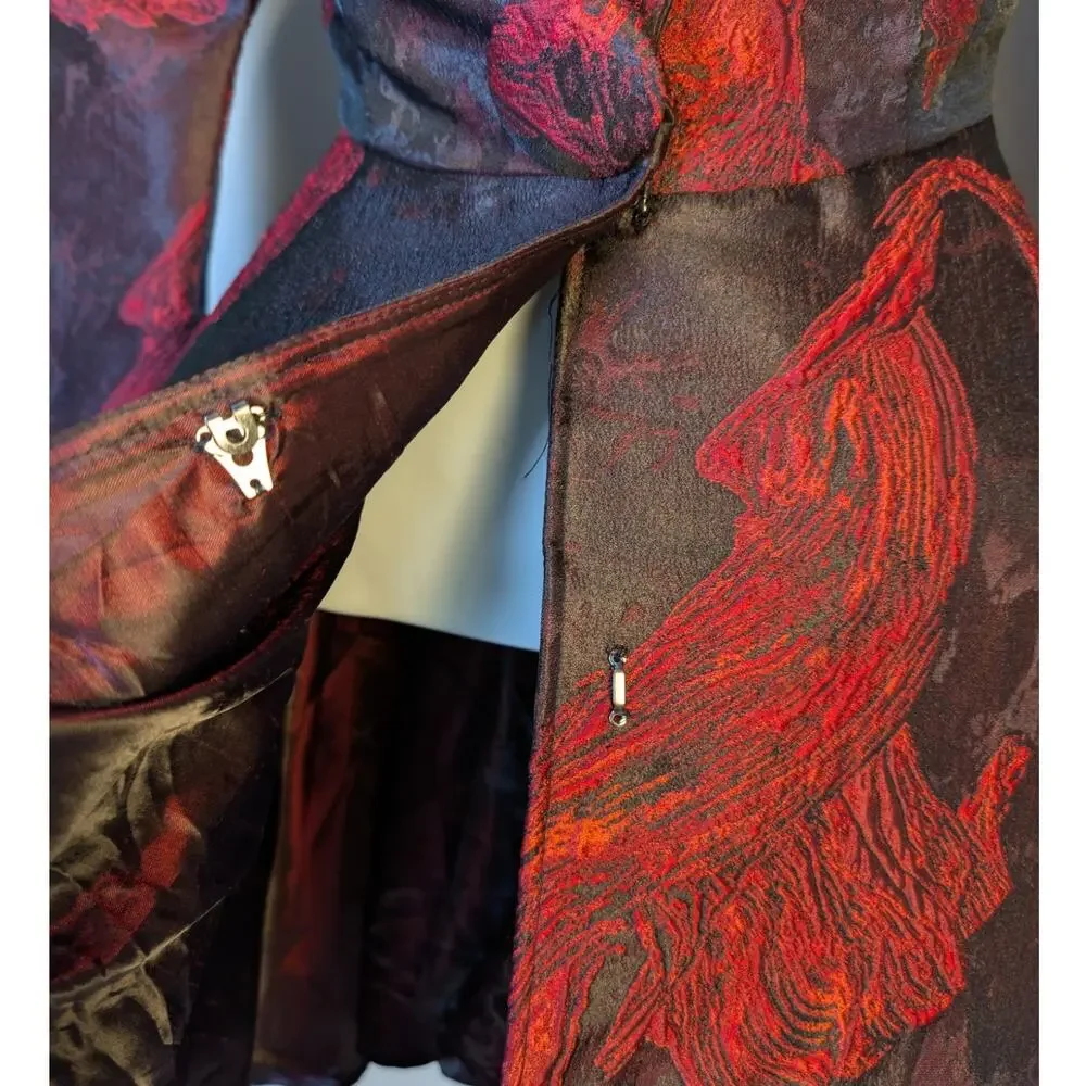 Vintage 80s Issabeau Girls Brocade Party Coat Dress Red Black Jacquard Fit Flare